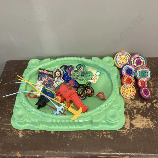 Vintage Turbo Tower Totem Tops, Assorted Beyblades, Plastic Arena Etc